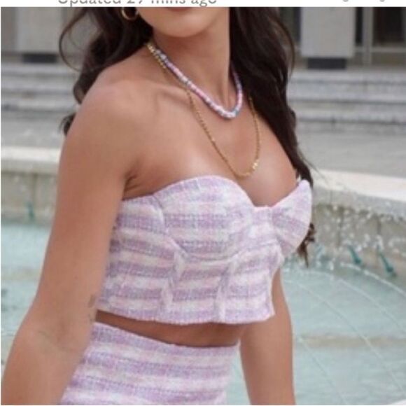 NWT Zara Pink Purple White Plaid Tweed Textured Corset Crop Top Sz M - Picture 8 of 9